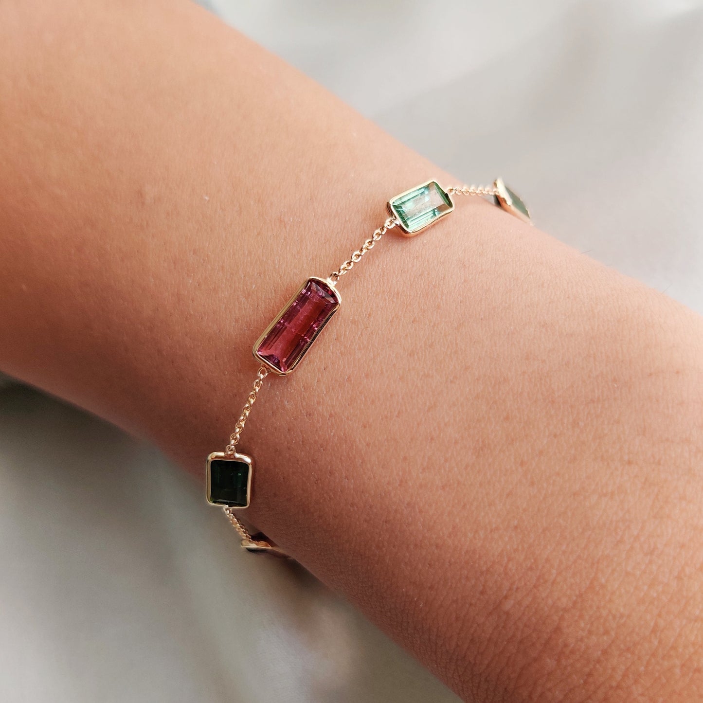 Natural Multi Tourmaline Bracelet, 14K Solid Gold Multi Tourmaline Bracelet, Dainty Tourmaline Baguette Bracelet, October Birthstone