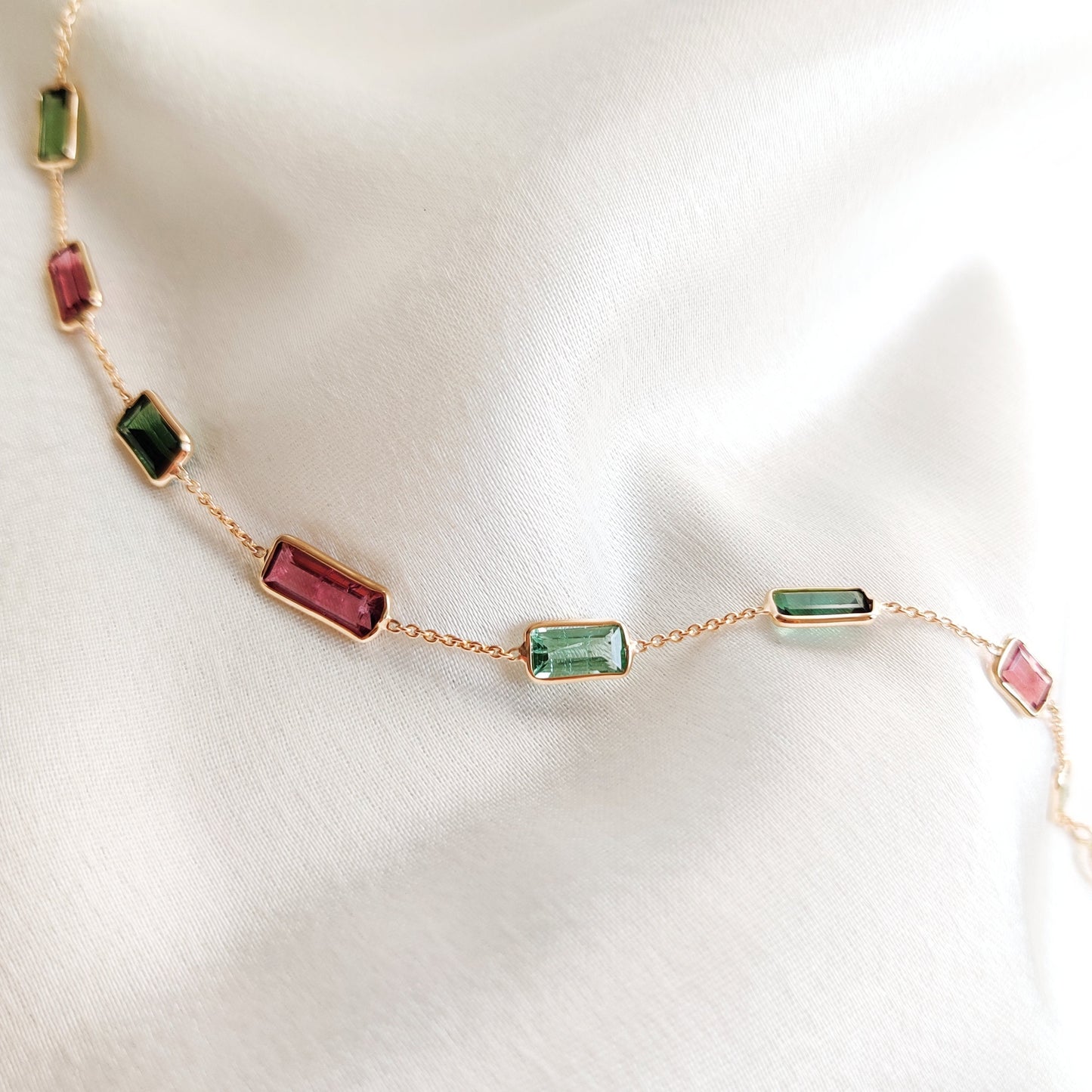 Natural Multi Tourmaline Bracelet, 14K Solid Gold Multi Tourmaline Bracelet, Dainty Tourmaline Baguette Bracelet, October Birthstone