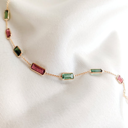 Natural Multi Tourmaline Bracelet, 14K Solid Gold Multi Tourmaline Bracelet, Dainty Tourmaline Baguette Bracelet, October Birthstone