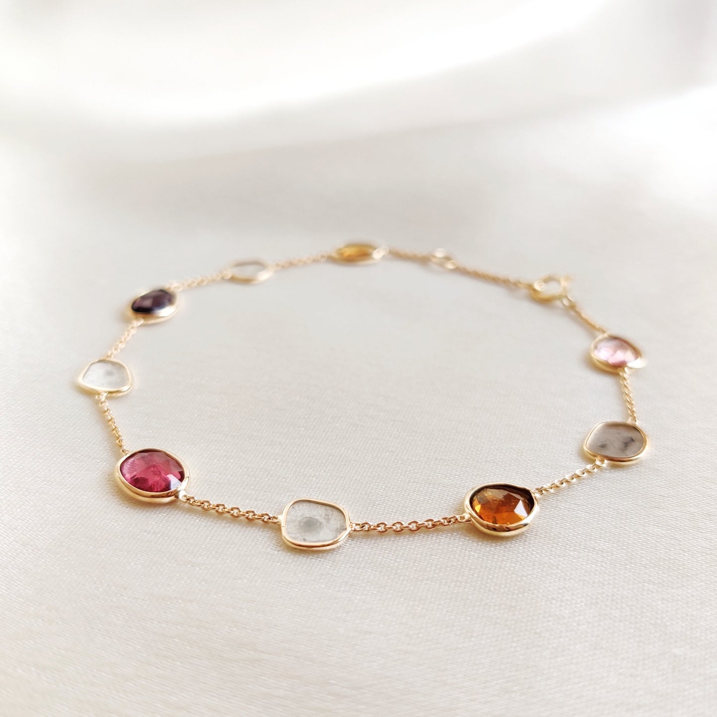 Natural Tourmaline & Diamond Polki Bracelet, 14K Solid Gold Bracelet, Multi Tourmaline and Diamond Slice Gold Bracelet, October Birthstone