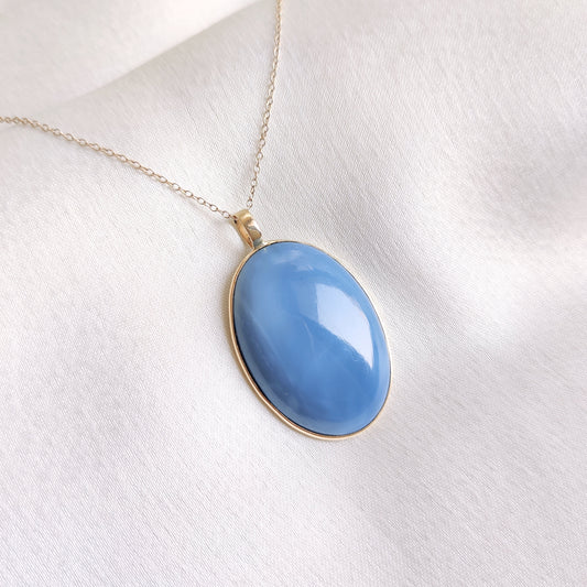 Natural Blue Opal Pendant, 14K Solid Gold Blue Opal Pendant, Solid Gold Pendant Necklace, October Birthstone, Bezel Pendant, Christmas Gift