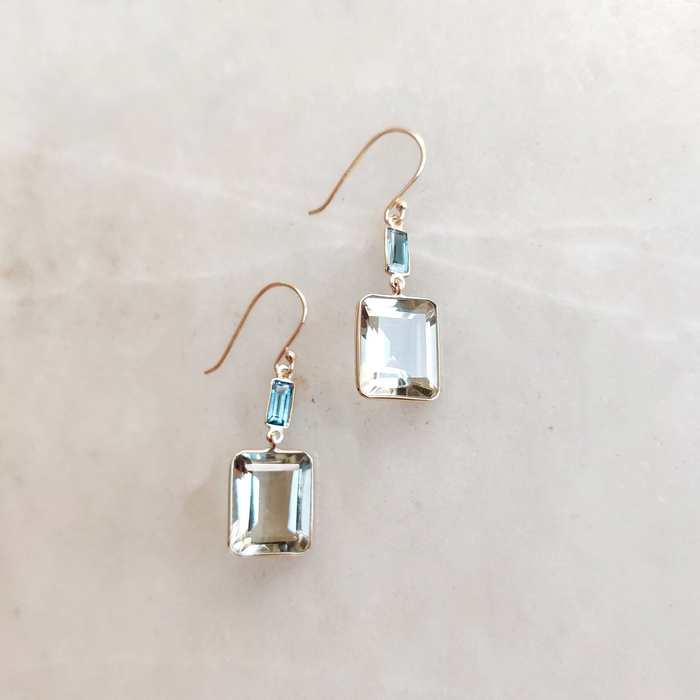 Natural Green Amethyst & London Blue Topaz Earrings, 14K Solid Yellow Gold Drop Earrings, February Birthstone, Dainty Bezel Earrings