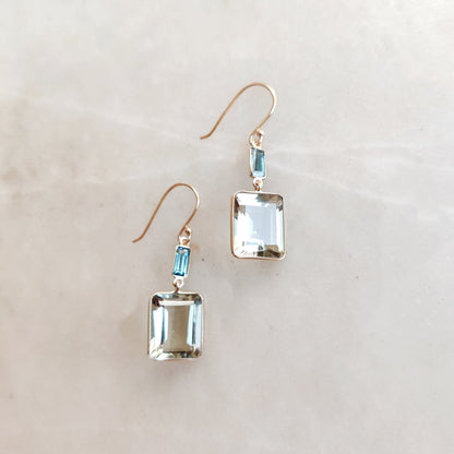 Natural Green Amethyst & London Blue Topaz Earrings, 14K Solid Yellow Gold Drop Earrings, February Birthstone, Dainty Bezel Earrings