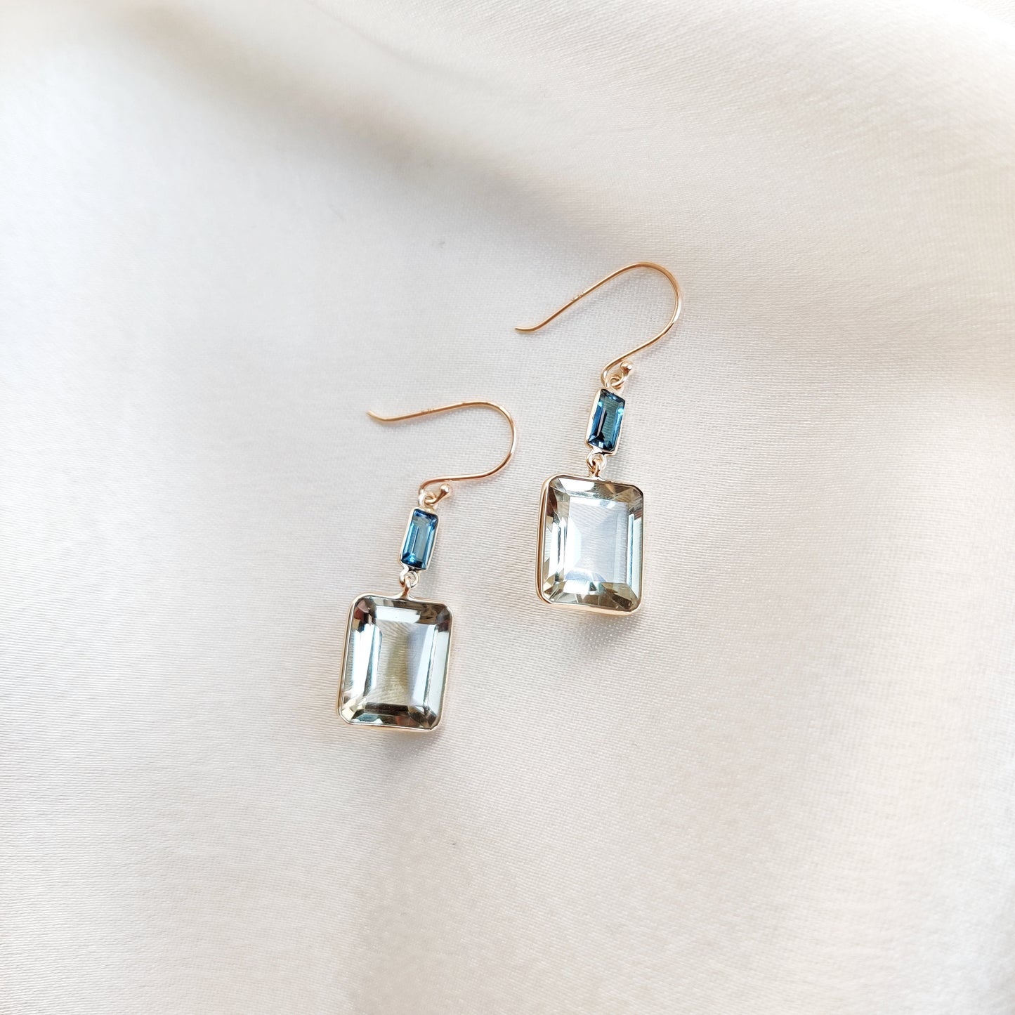 Natural Green Amethyst & London Blue Topaz Earrings, 14K Solid Yellow Gold Drop Earrings, February Birthstone, Dainty Bezel Earrings