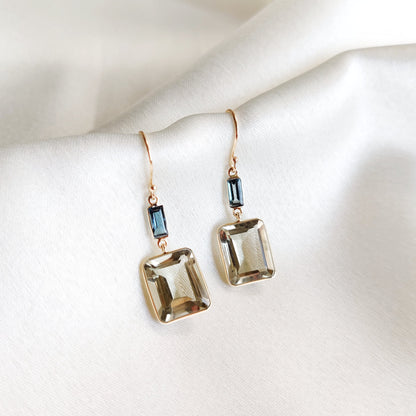 Natural Green Amethyst & London Blue Topaz Earrings, 14K Solid Yellow Gold Drop Earrings, February Birthstone, Dainty Bezel Earrings