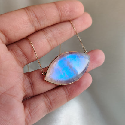 Natural Rainbow Moonstone Necklace, 14K Solid Yellow Gold Moonstone Pendant, Blue Moonstone Jewelry, June Birthstone Pendant