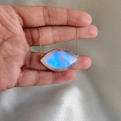 Natural Rainbow Moonstone Necklace, 14K Solid Yellow Gold Moonstone Pendant, Blue Moonstone Jewelry, June Birthstone Pendant