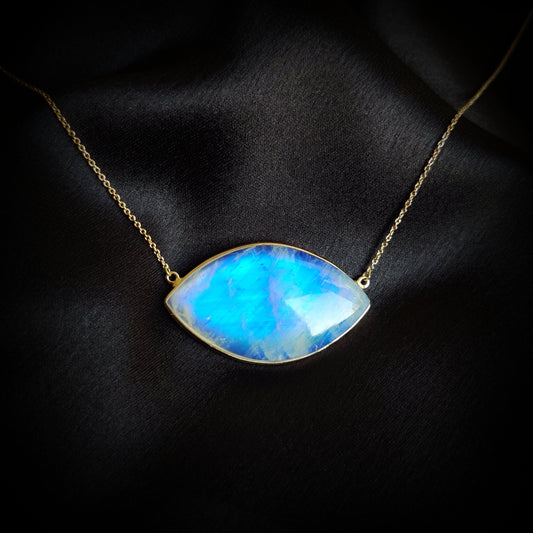 Natural Rainbow Moonstone Necklace, 14K Solid Yellow Gold Moonstone Pendant, Blue Moonstone Jewelry, June Birthstone Pendant