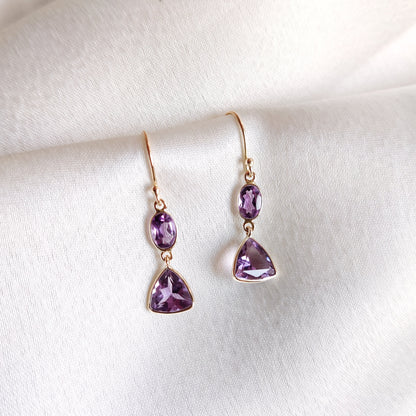 Natural Purple Amethyst Earrings, 14K Solid Yellow Gold Earrings, Dainty Amethyst Drop Earrings, February Birthstone Earrings