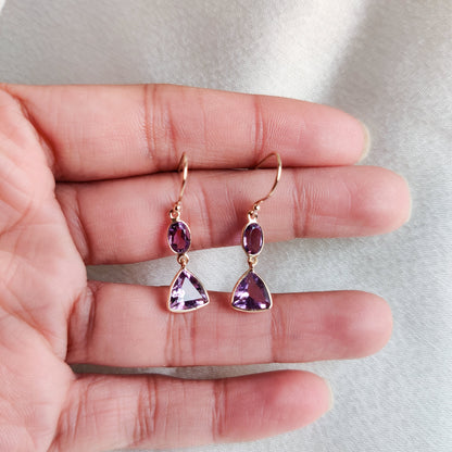 Natural Purple Amethyst Earrings, 14K Solid Yellow Gold Earrings, Dainty Amethyst Drop Earrings, February Birthstone Earrings