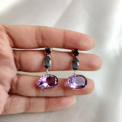 Natural Pink Amethyst Blue Topaz Garnet Earrings, 14K Solid Yellow Gold Earrings, Multi Stone Dainty Earrings, Amethyst Topaz Garnet Earring