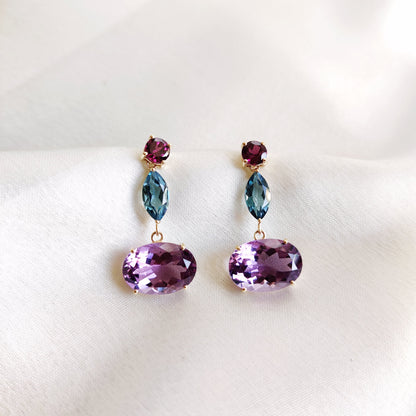 Natural Pink Amethyst Blue Topaz Garnet Earrings, 14K Solid Yellow Gold Earrings, Multi Stone Dainty Earrings, Amethyst Topaz Garnet Earring