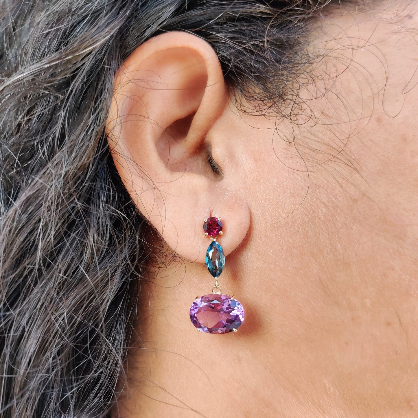 Natural Pink Amethyst Blue Topaz Garnet Earrings, 14K Solid Yellow Gold Earrings, Multi Stone Dainty Earrings, Amethyst Topaz Garnet Earring