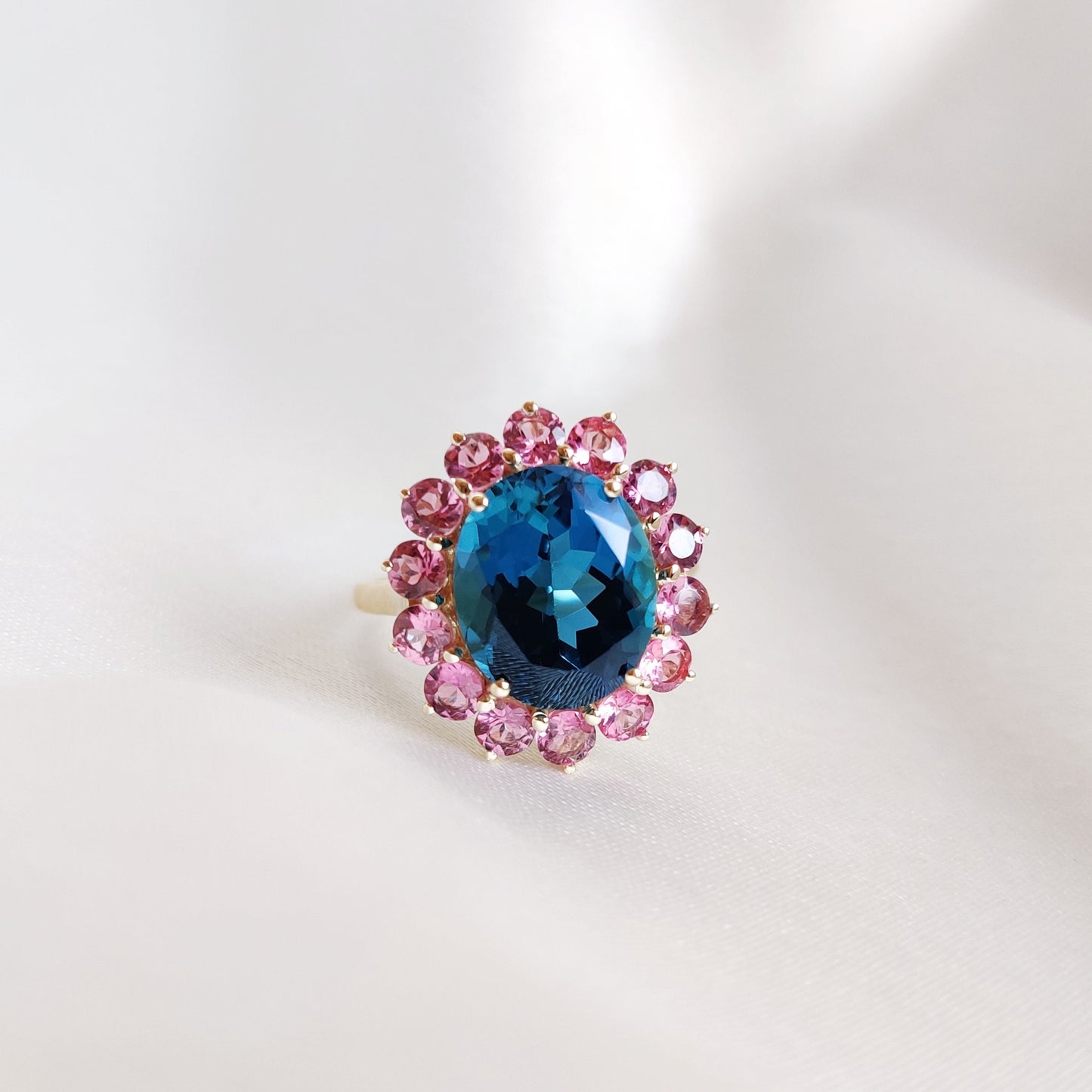 Natural London Blue Topaz & Pink Tourmaline Ring, 14K Solid Yellow Gold Ring, Blue Topaz Ring, December Birthstone Ring, Birthday Present