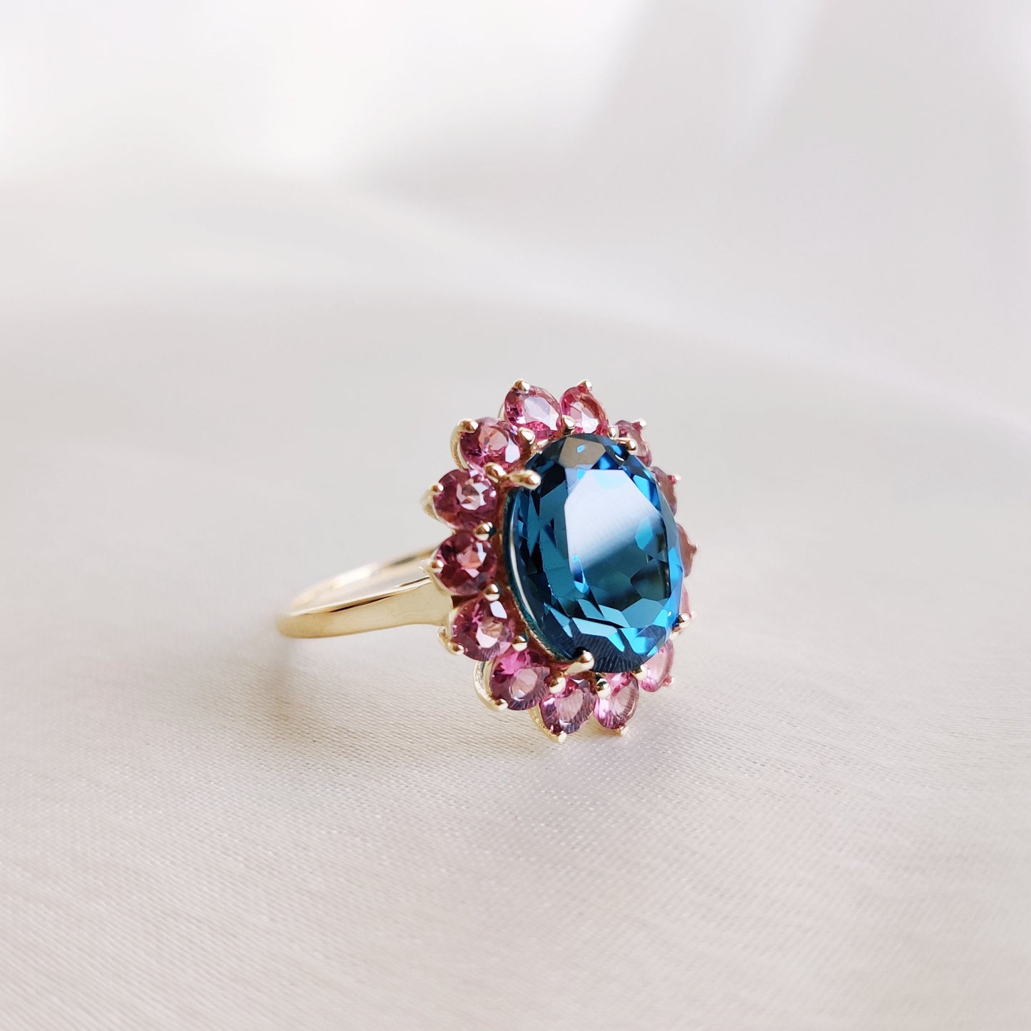 Natural London Blue Topaz & Pink Tourmaline Ring, 14K Solid Yellow Gold Ring, Blue Topaz Ring, December Birthstone Ring, Birthday Present