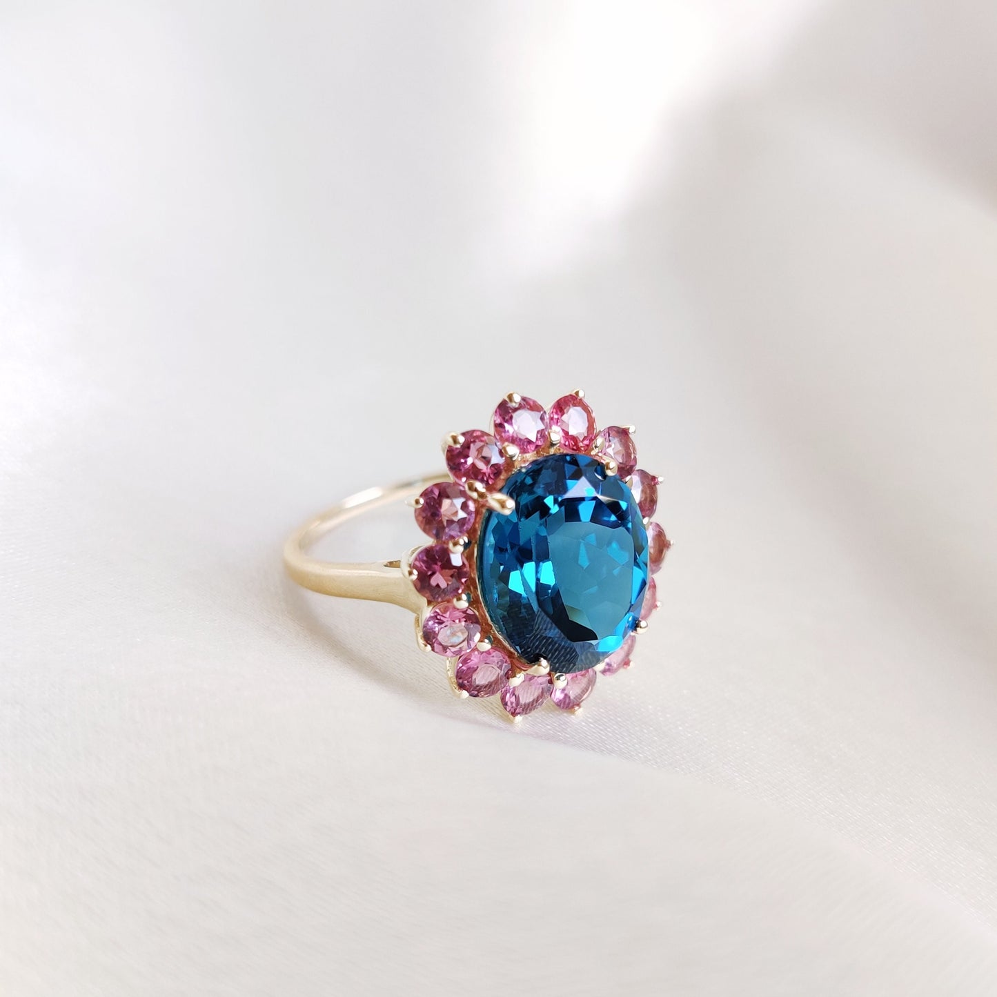 Natural London Blue Topaz & Pink Tourmaline Ring, 14K Solid Yellow Gold Ring, Blue Topaz Ring, December Birthstone Ring, Birthday Present