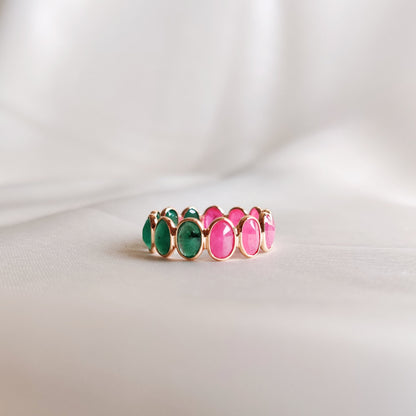 14K Gold Natural Ruby & Emerald Ring, Solid Gold Ruby and Emerald Ring, Precious Gemstone Bezel Ring, June Birthstone Ring