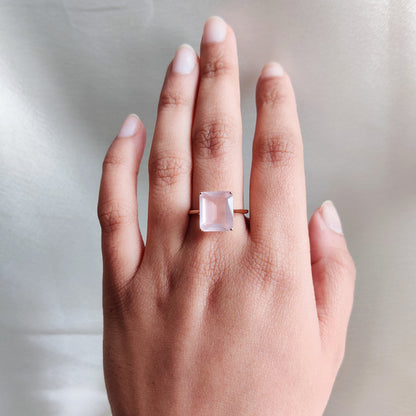 Natural Rose Quartz Ring, 14K Solid Yellow Gold Ring, January Birthstone Ring, Octagon Shape Rose Quartz Prong Ring, Rose Quartz Jewelry