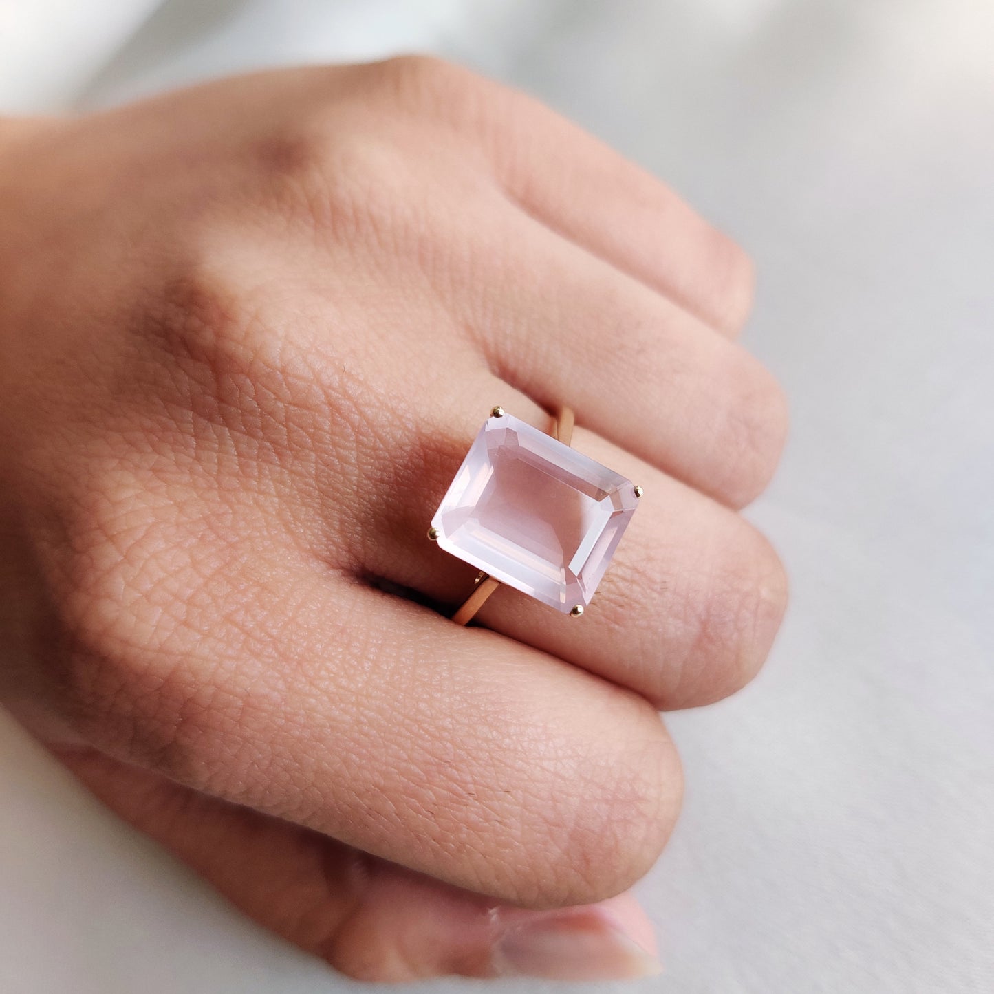 Natural Rose Quartz Ring, 14K Solid Yellow Gold Ring, January Birthstone Ring, Octagon Shape Rose Quartz Prong Ring, Rose Quartz Jewelry