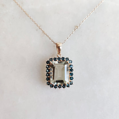 Natural Green Amethyst & London Blue Topaz Pendant, 14K Solid Yellow Gold Pendant, February Birthstone Pendant, Dainty Topaz Pendant