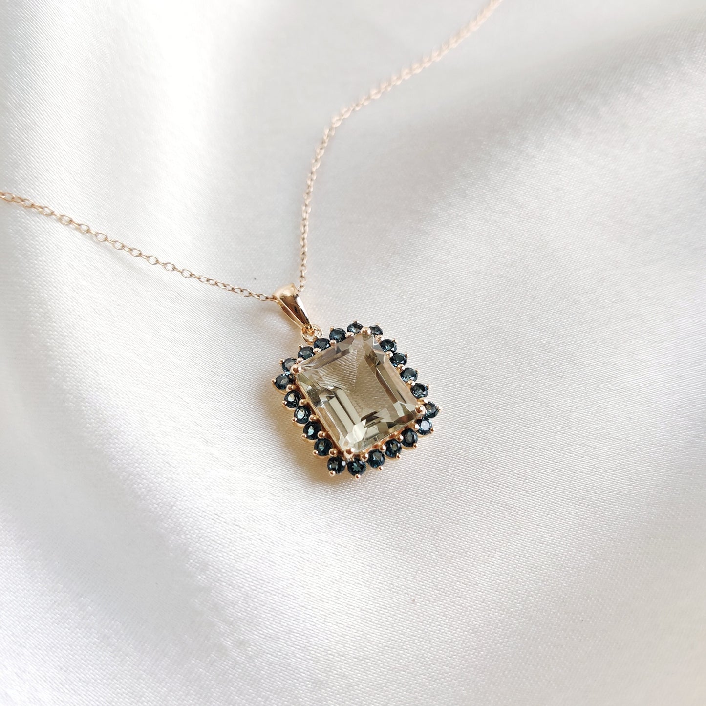 Natural Green Amethyst & London Blue Topaz Pendant, 14K Solid Yellow Gold Pendant, February Birthstone Pendant, Dainty Topaz Pendant