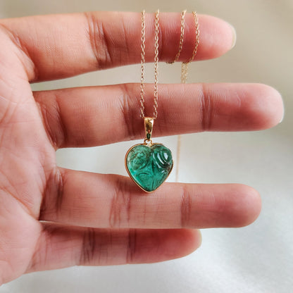 Natural Emerald Heart Pendant, 14K Solid Yellow Gold Emerald Pendant, Carving Emerald Pendant, May Birthstone Pendant, Valentine&#39;s Day Gift