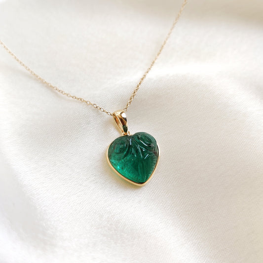 Natural Emerald Heart Pendant, 14K Solid Yellow Gold Emerald Pendant, Carving Emerald Pendant, May Birthstone Pendant, Valentine&#39;s Day Gift