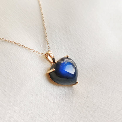 Natural Labradorite Heart Pendant, 14K Solid Yellow Gold Pendant, Blue Labradorite Pendant, Heart Shape Gemstone Pendant, August Birthstone