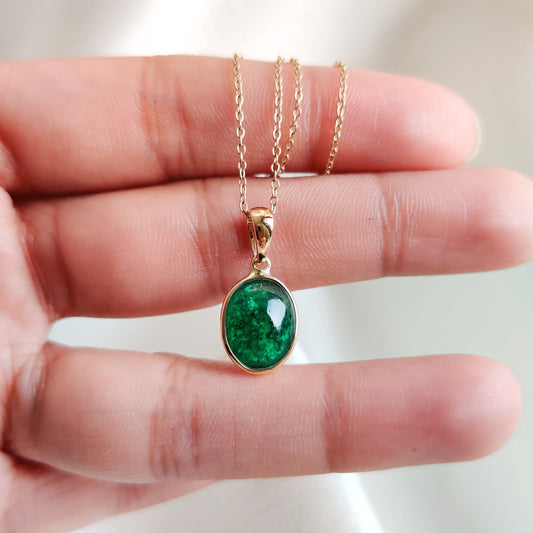 Natural Emerald Pendant, 14K Solid Yellow Gold Emerald Pendant, May Birthstone Pendant, Oval Emerald Bezel Pendant, Dainty Emerald Pendant