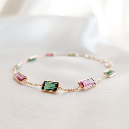 Natural Multi Tourmaline Bracelet, 14K Solid Gold Multi Tourmaline Bracelet, Dainty Tourmaline Baguette Bracelet, October Birthstone