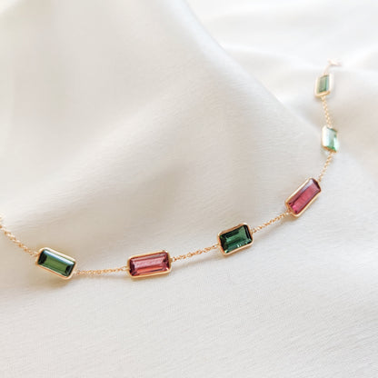 Natural Multi Tourmaline Bracelet, 14K Solid Gold Multi Tourmaline Bracelet, Dainty Tourmaline Baguette Bracelet, October Birthstone