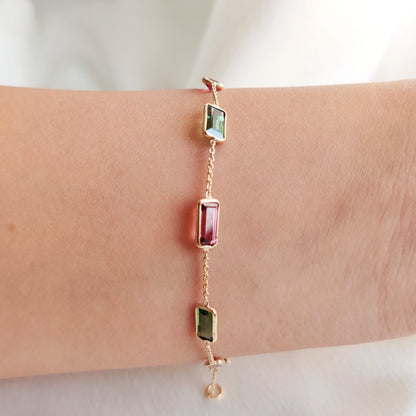 Natural Multi Tourmaline Bracelet, 14K Solid Gold Multi Tourmaline Bracelet, Dainty Tourmaline Baguette Bracelet, October Birthstone