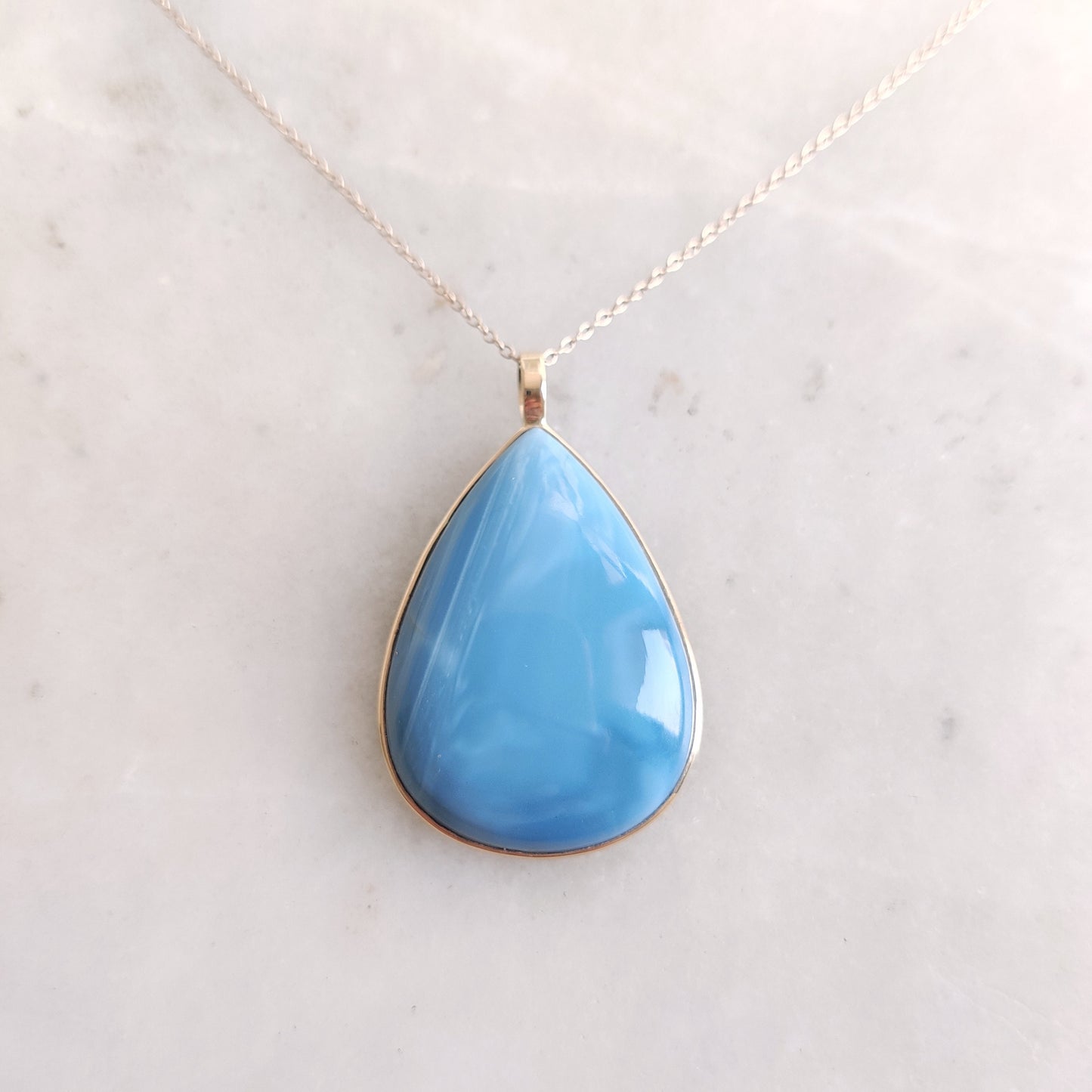 Natural Blue Opal Pendant, 14K Solid Gold Blue Opal Pendant, Solid Gold Pendant Necklace, October Birthstone, Bezel Pendant, Christmas Gift