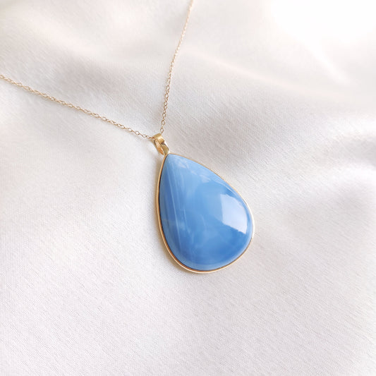 Natural Blue Opal Pendant, 14K Solid Gold Blue Opal Pendant, Solid Gold Pendant Necklace, October Birthstone, Bezel Pendant, Christmas Gift