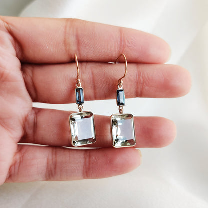 Natural Green Amethyst & London Blue Topaz Earrings, 14K Solid Yellow Gold Drop Earrings, February Birthstone, Dainty Bezel Earrings