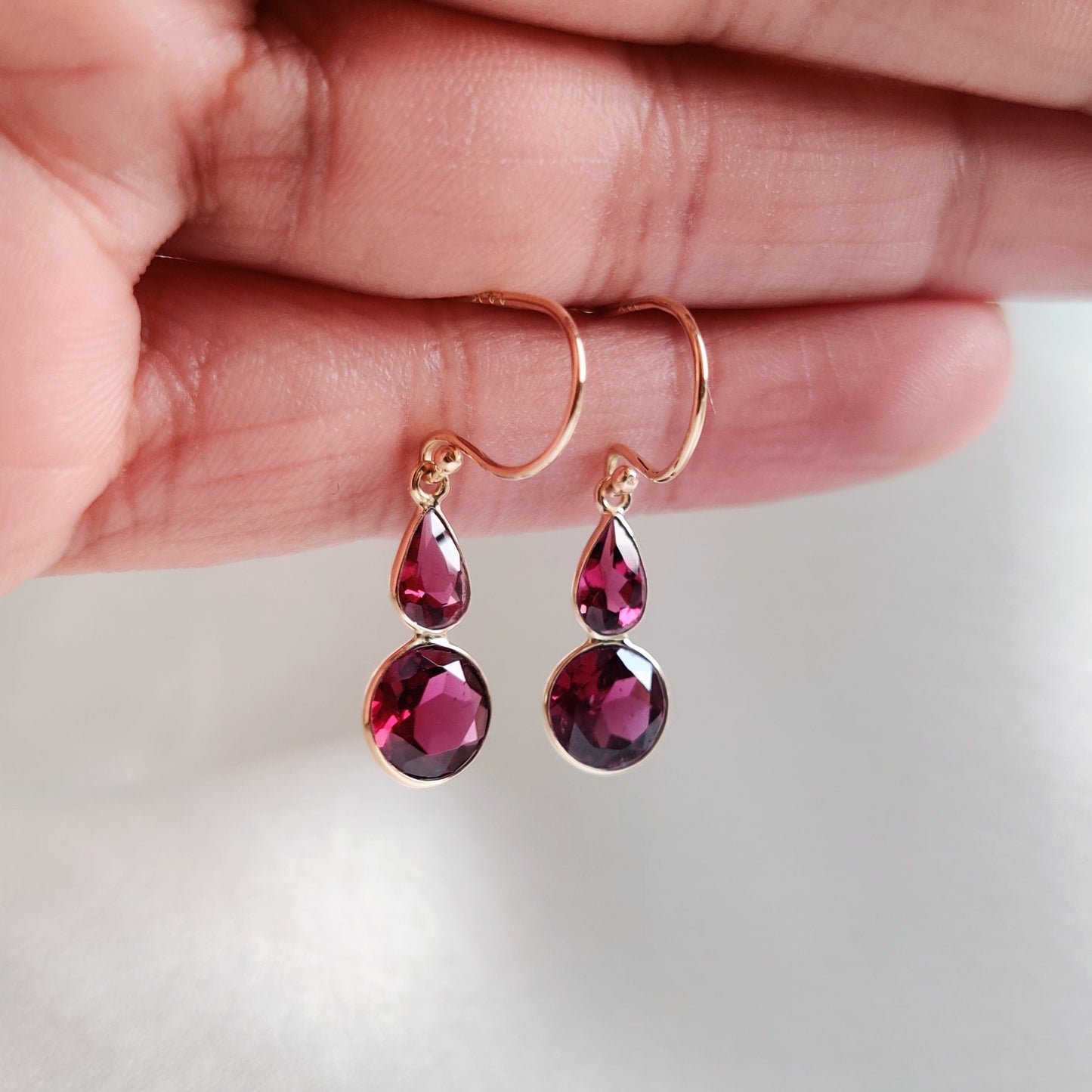 Natural Garnet Earrings, 14K Solid Yellow Gold Earrings, January Birthstone, Dainty Drop Earring, Christmas Present, Garnet Jewelry