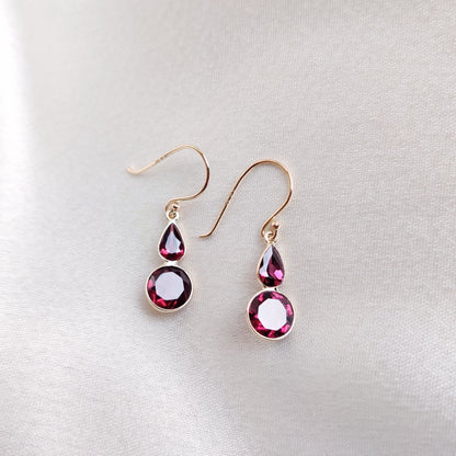 Natural Garnet Earrings, 14K Solid Yellow Gold Earrings, January Birthstone, Dainty Drop Earring, Christmas Present, Garnet Jewelry