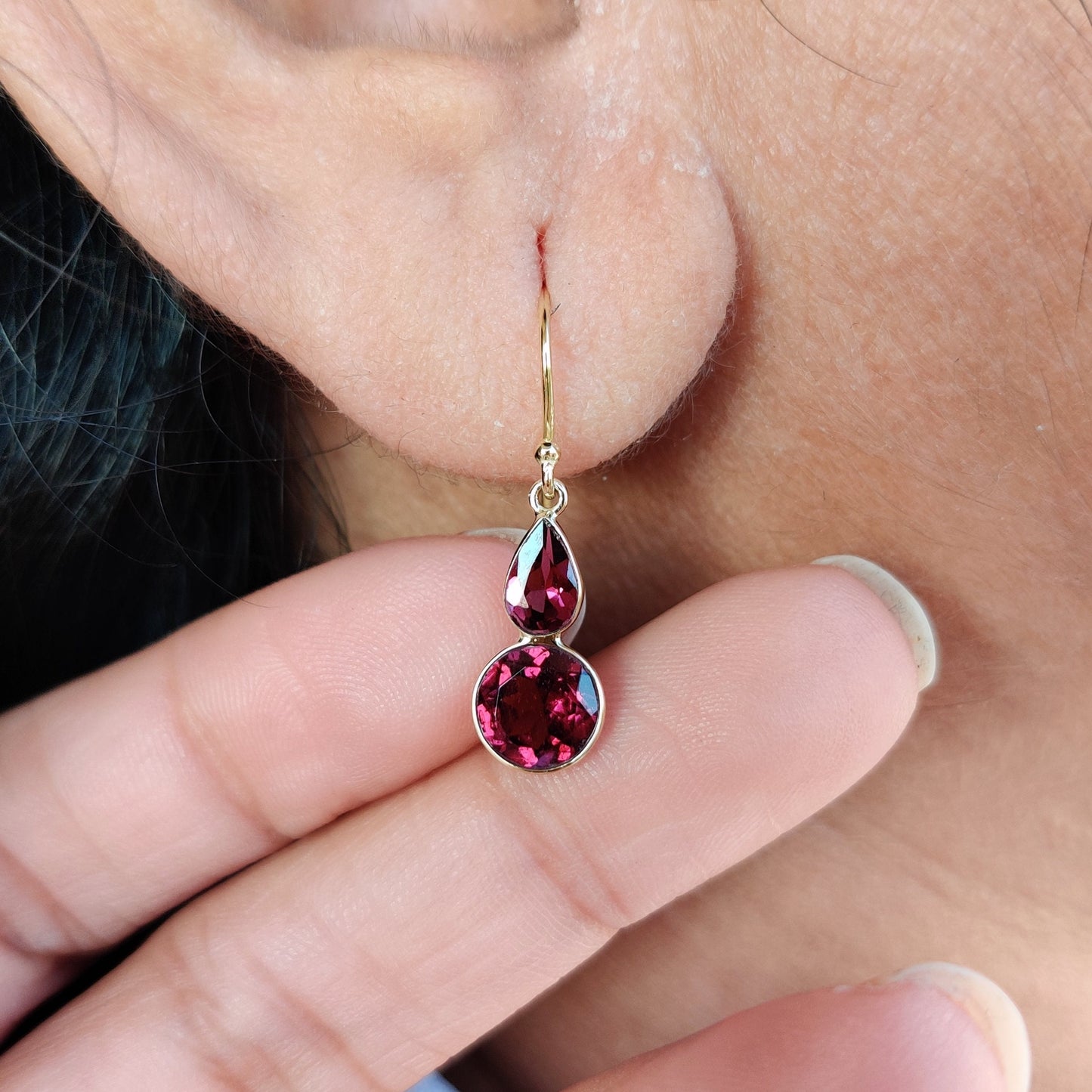 Natural Garnet Earrings, 14K Solid Yellow Gold Earrings, January Birthstone, Dainty Drop Earring, Christmas Present, Garnet Jewelry