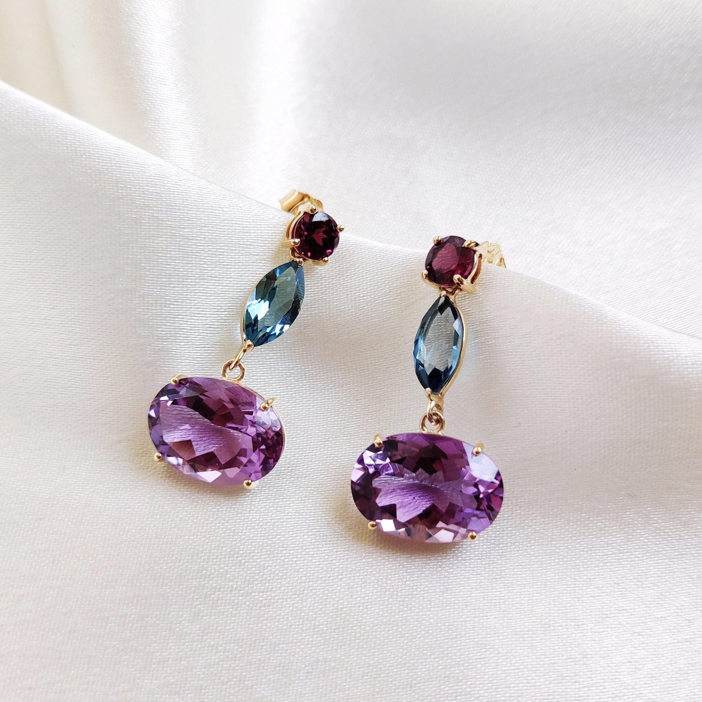 Natural Pink Amethyst Blue Topaz Garnet Earrings, 14K Solid Yellow Gold Earrings, Multi Stone Dainty Earrings, Amethyst Topaz Garnet Earring