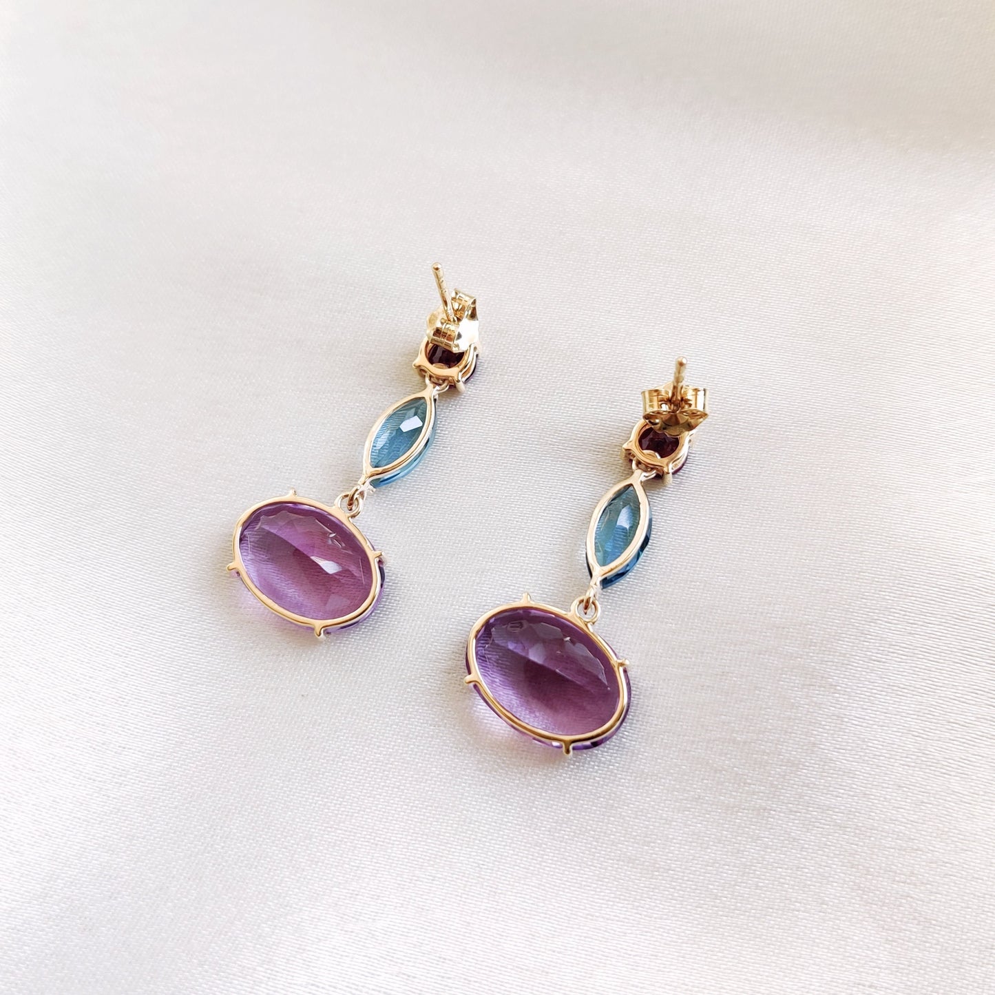 Natural Pink Amethyst Blue Topaz Garnet Earrings, 14K Solid Yellow Gold Earrings, Multi Stone Dainty Earrings, Amethyst Topaz Garnet Earring