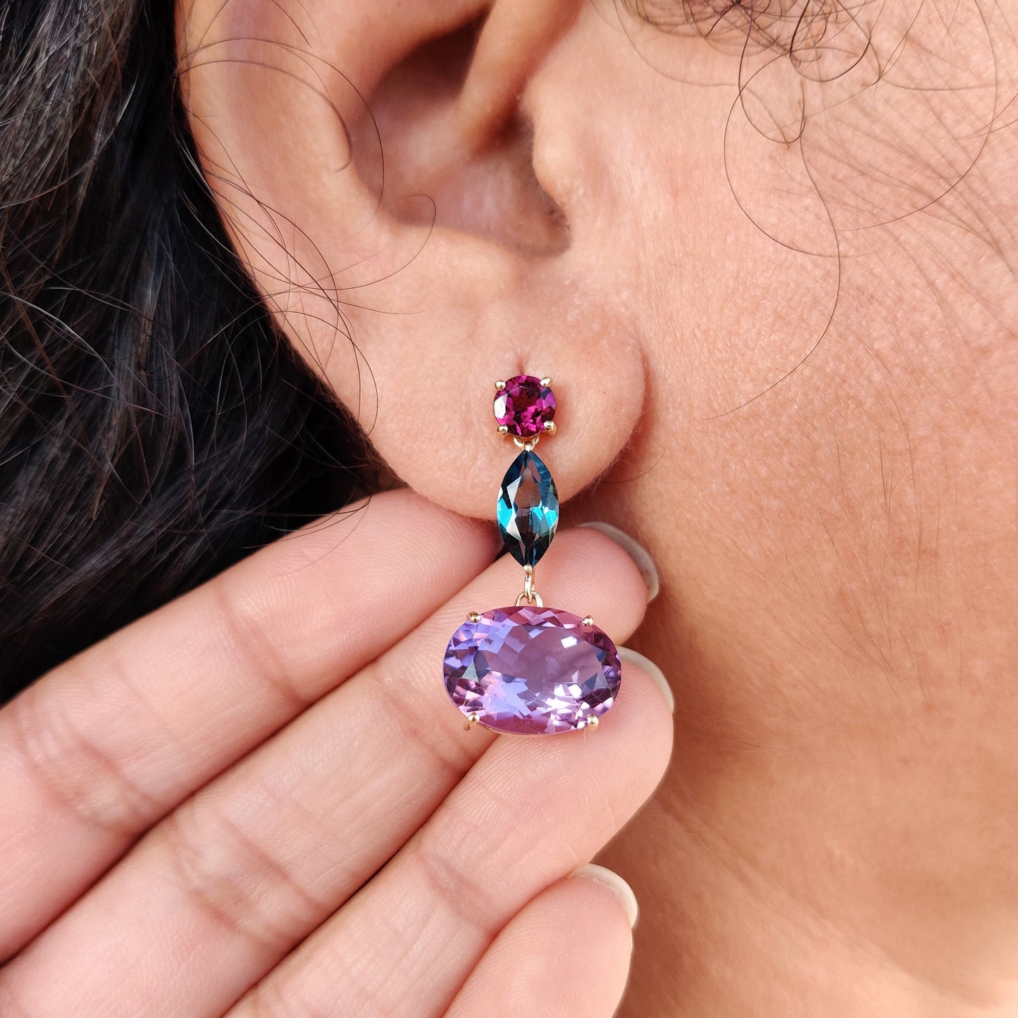 Natural Pink Amethyst Blue Topaz Garnet Earrings, 14K Solid Yellow Gold Earrings, Multi Stone Dainty Earrings, Amethyst Topaz Garnet Earring