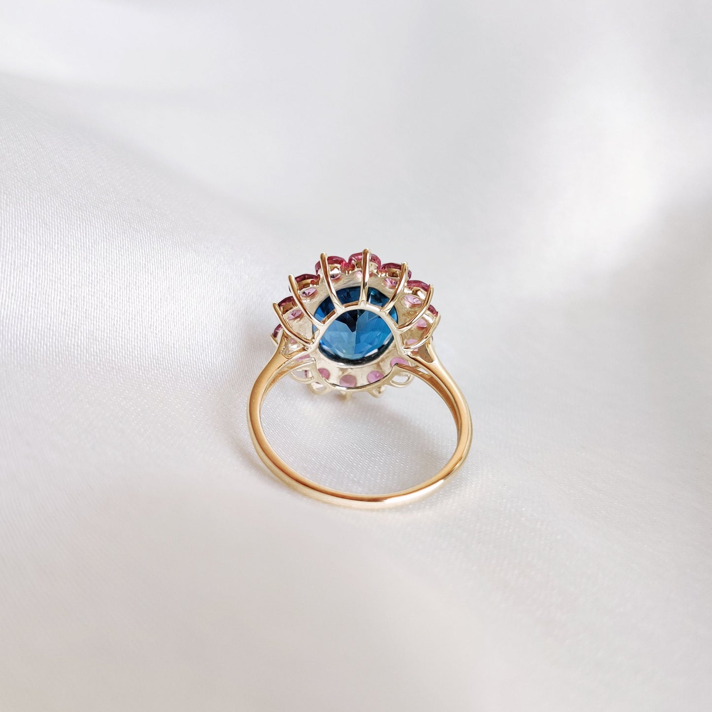 Natural London Blue Topaz & Pink Tourmaline Ring, 14K Solid Yellow Gold Ring, Blue Topaz Ring, December Birthstone Ring, Birthday Present