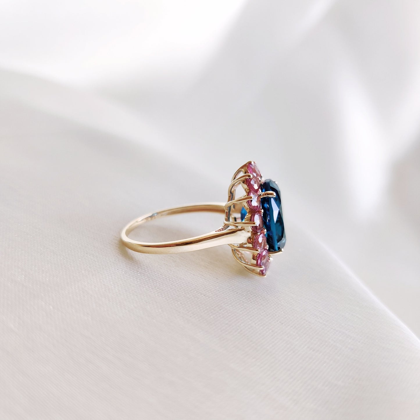 Natural London Blue Topaz & Pink Tourmaline Ring, 14K Solid Yellow Gold Ring, Blue Topaz Ring, December Birthstone Ring, Birthday Present