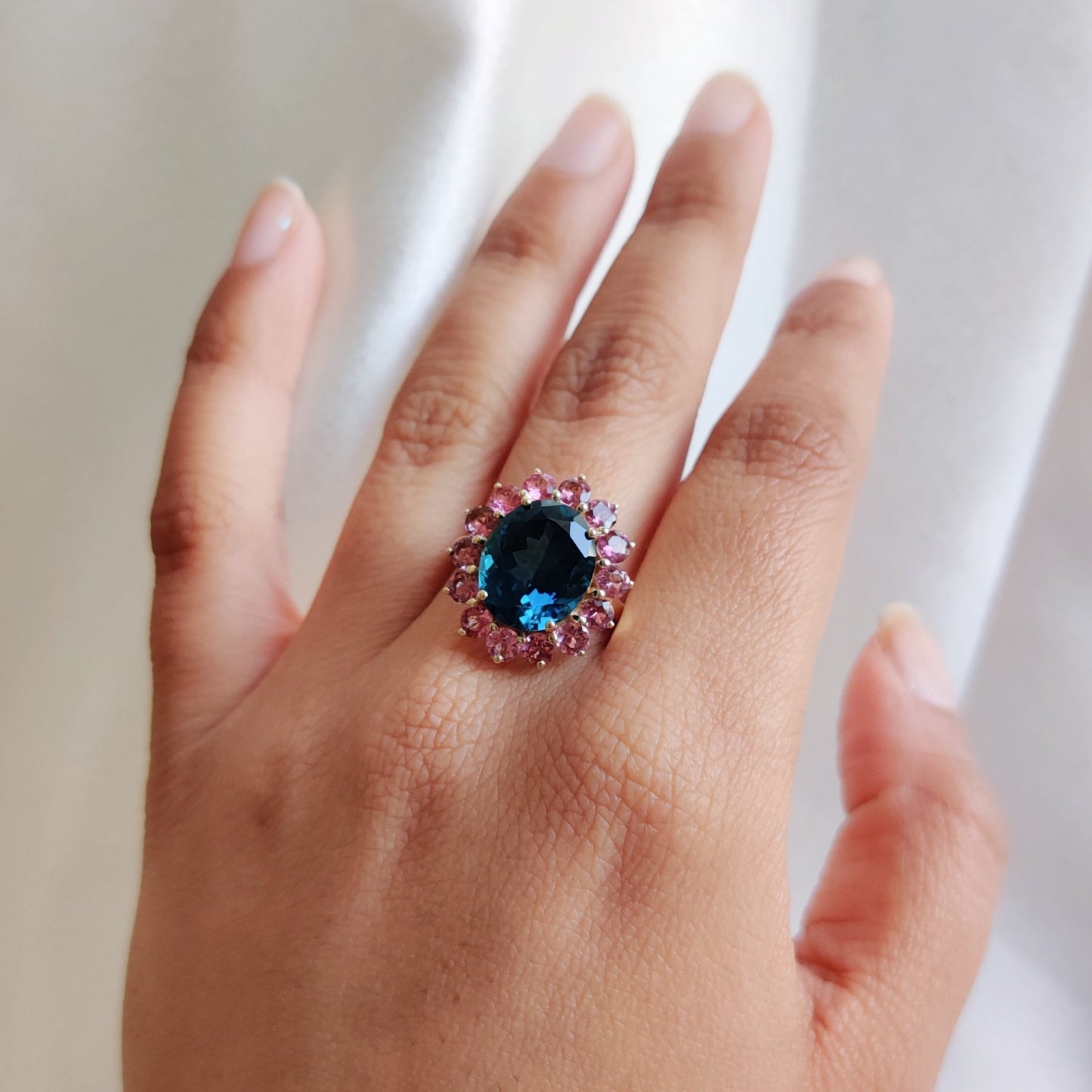 Natural London Blue Topaz & Pink Tourmaline Ring, 14K Solid Yellow Gold Ring, Blue Topaz Ring, December Birthstone Ring, Birthday Present