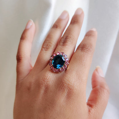 Natural London Blue Topaz & Pink Tourmaline Ring, 14K Solid Yellow Gold Ring, Blue Topaz Ring, December Birthstone Ring, Birthday Present