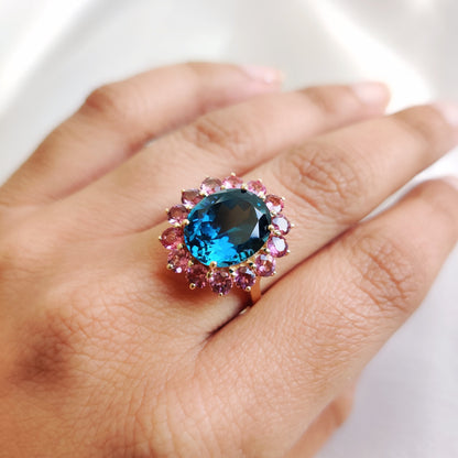 Natural London Blue Topaz & Pink Tourmaline Ring, 14K Solid Yellow Gold Ring, Blue Topaz Ring, December Birthstone Ring, Birthday Present