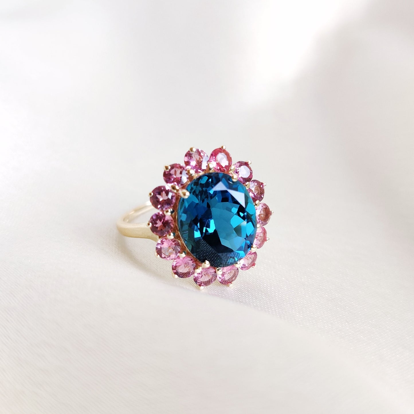 Natural London Blue Topaz & Pink Tourmaline Ring, 14K Solid Yellow Gold Ring, Blue Topaz Ring, December Birthstone Ring, Birthday Present