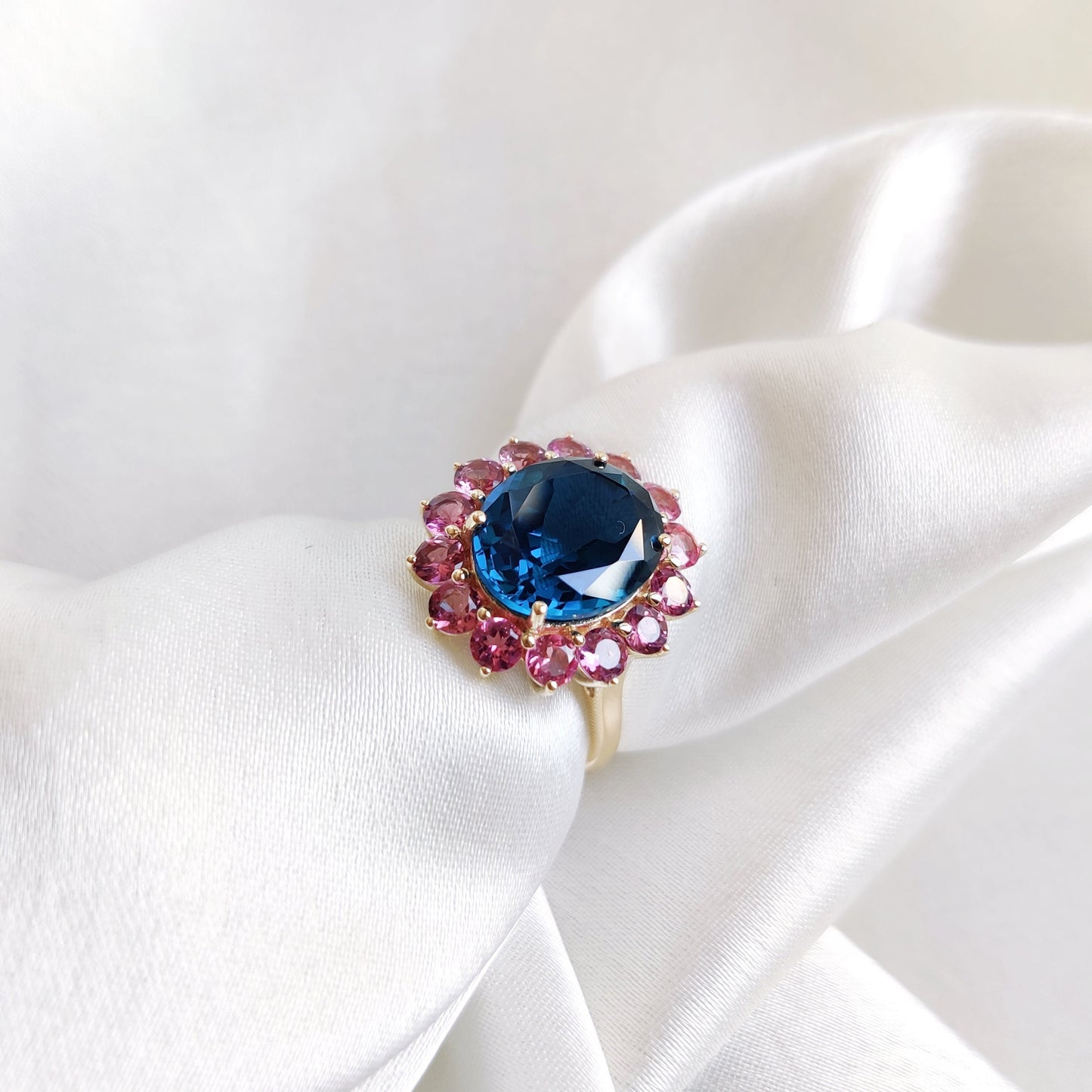 Natural London Blue Topaz & Pink Tourmaline Ring, 14K Solid Yellow Gold Ring, Blue Topaz Ring, December Birthstone Ring, Birthday Present