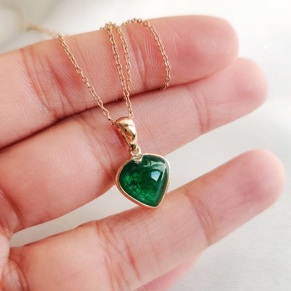 Natural Emerald Heart Pendant, 14K Solid Yellow Gold Pendant, Dainty Heart Shape Emerald, May Birthstone Pendant, Valentine&#39;s Day Gift