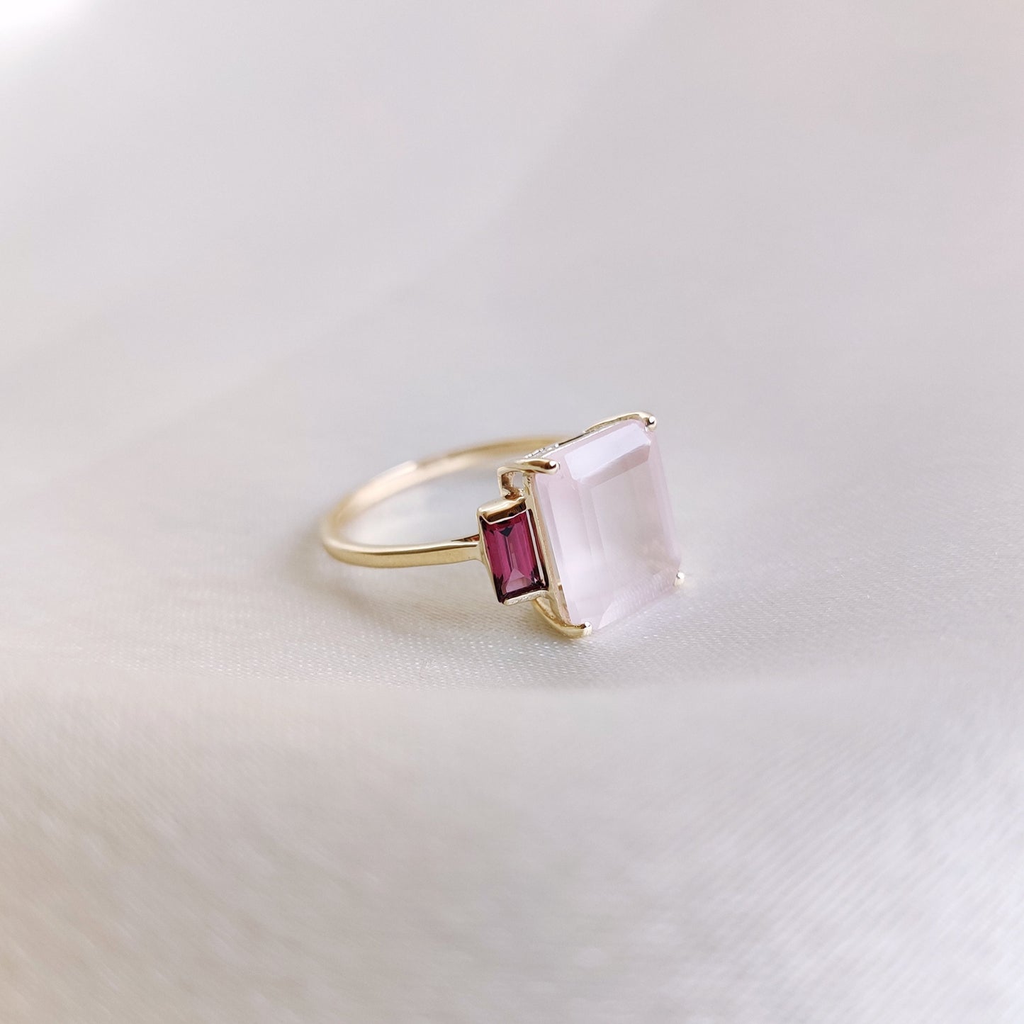 Natural Rose Quartz & Rhodolite Garnet Ring, 14K Solid Yellow Gold Ring, January Birthstone Ring, Dainty Multi Stone Ring, Wedding Ring